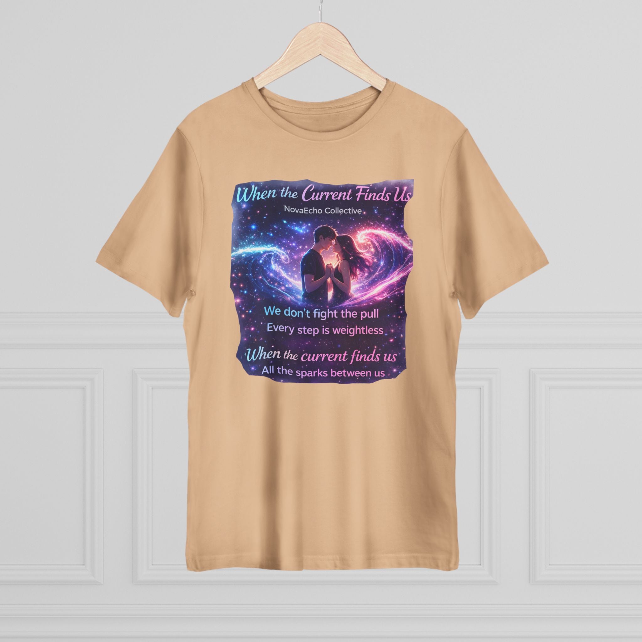 When the Current Finds Us Graphic T‑Shirt — Cosmic Couple, Romantic Quote Tee