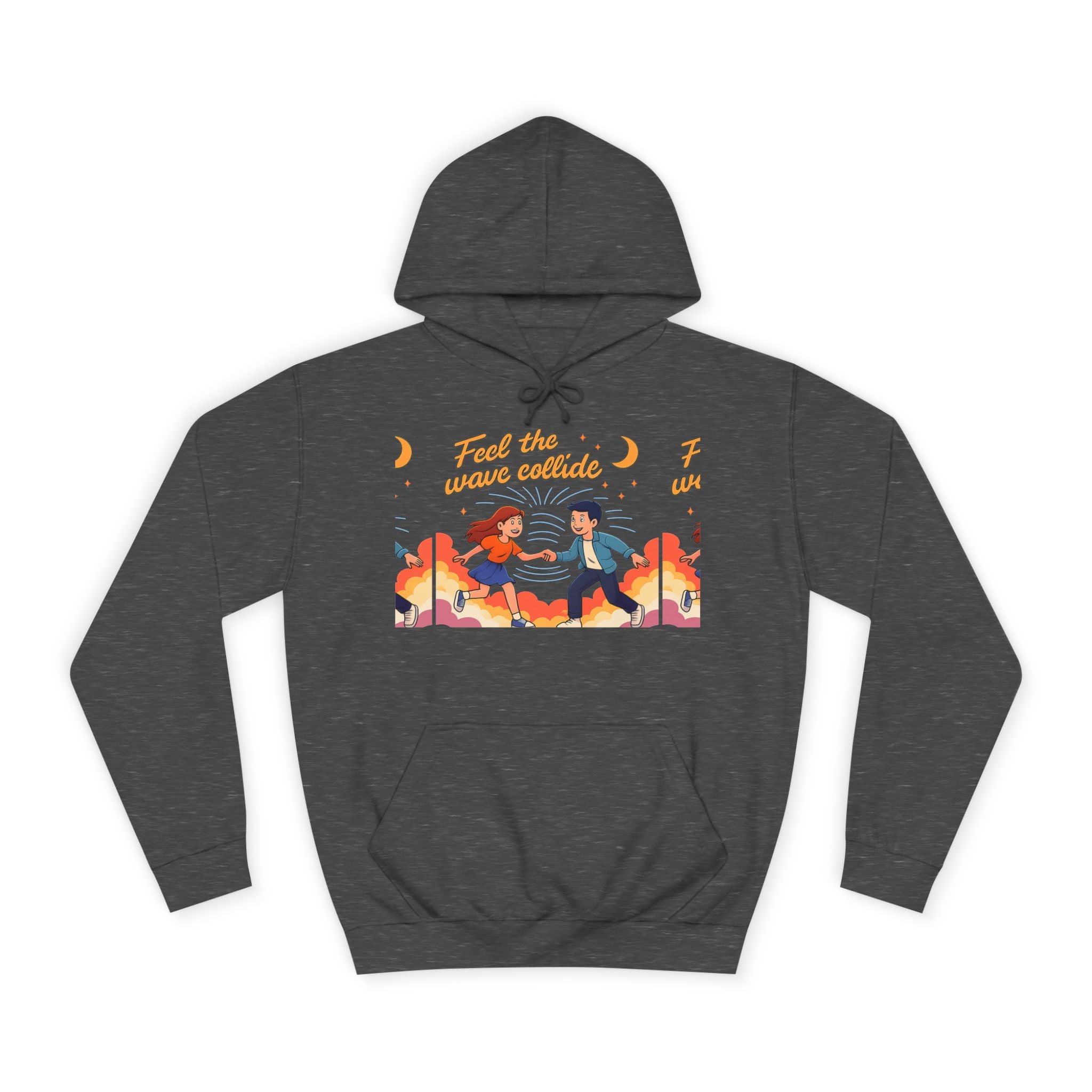 Feel the Wave Collide Hoodie — Retro Sunset Dance Couple Graphic Hoodie