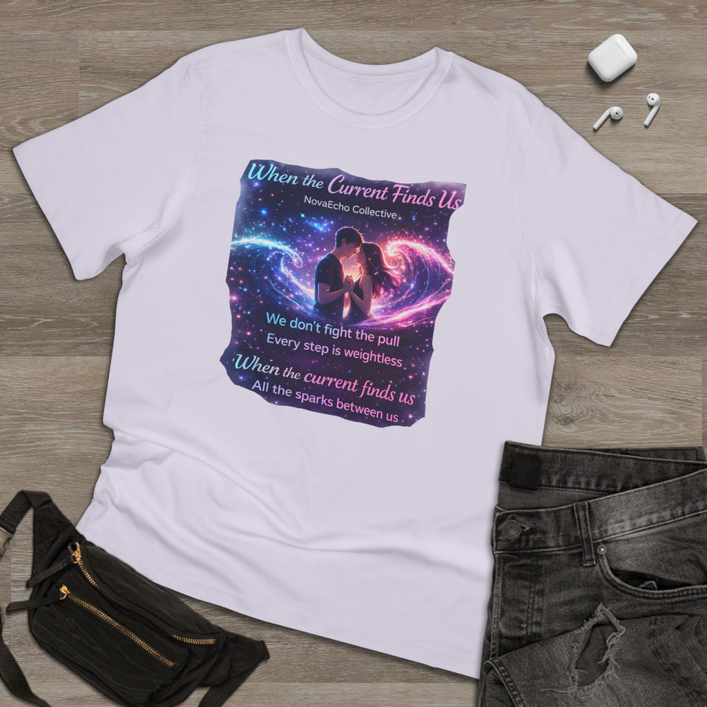 When the Current Finds Us Graphic T‑Shirt — Cosmic Couple, Romantic Quote Tee