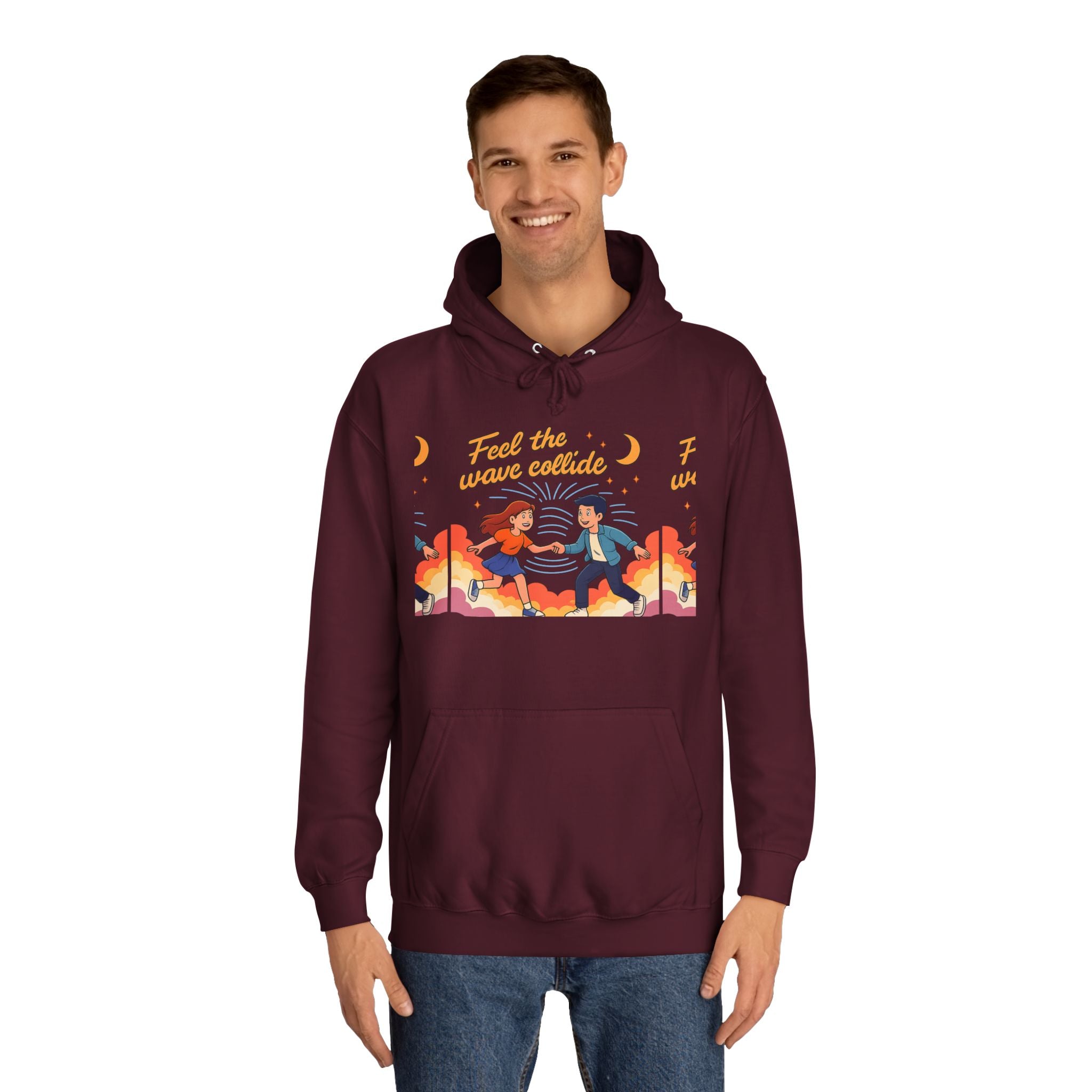 Feel the Wave Collide Hoodie — Retro Sunset Dance Couple Graphic Hoodie