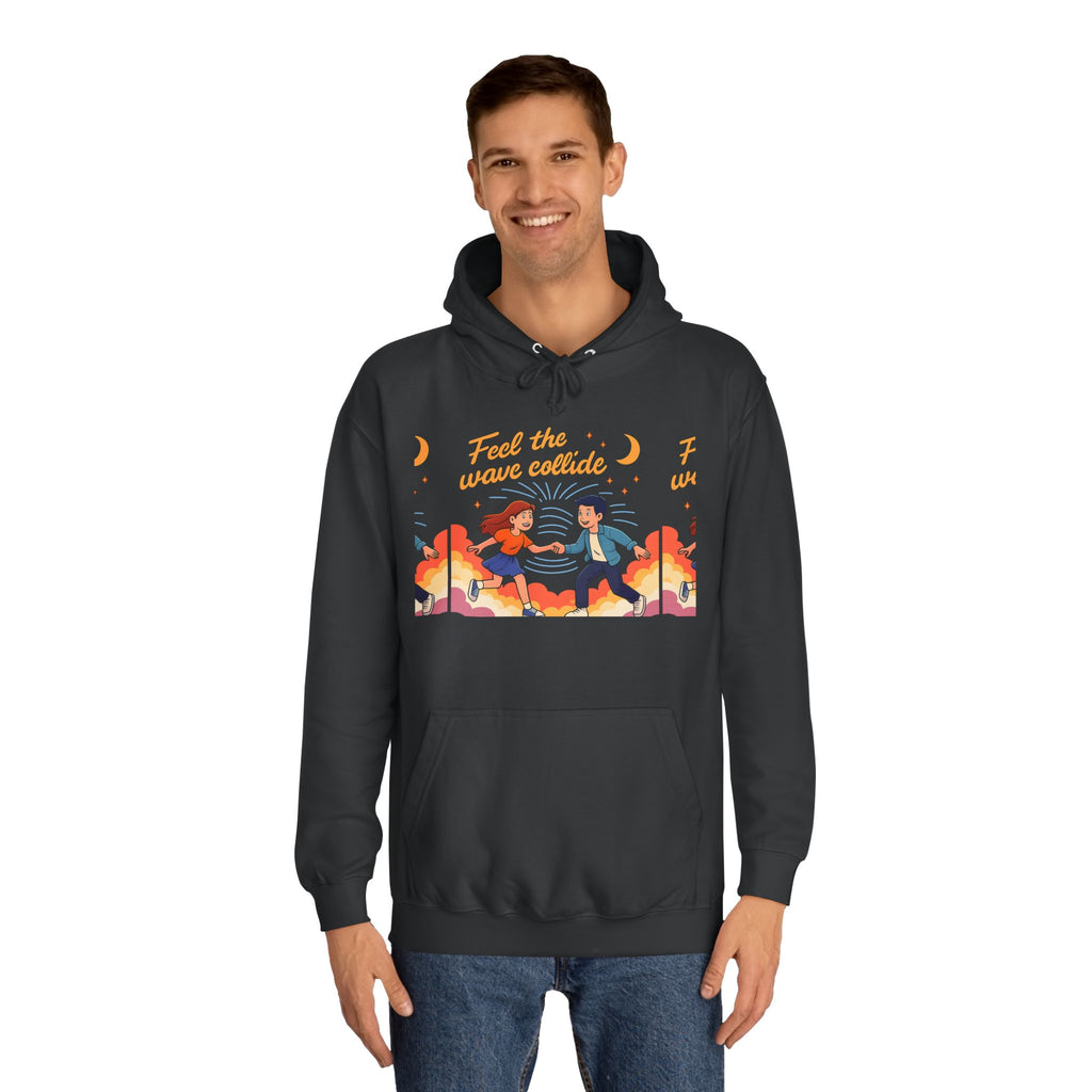 Feel the Wave Collide Hoodie — Retro Sunset Dance Couple Graphic Hoodie
