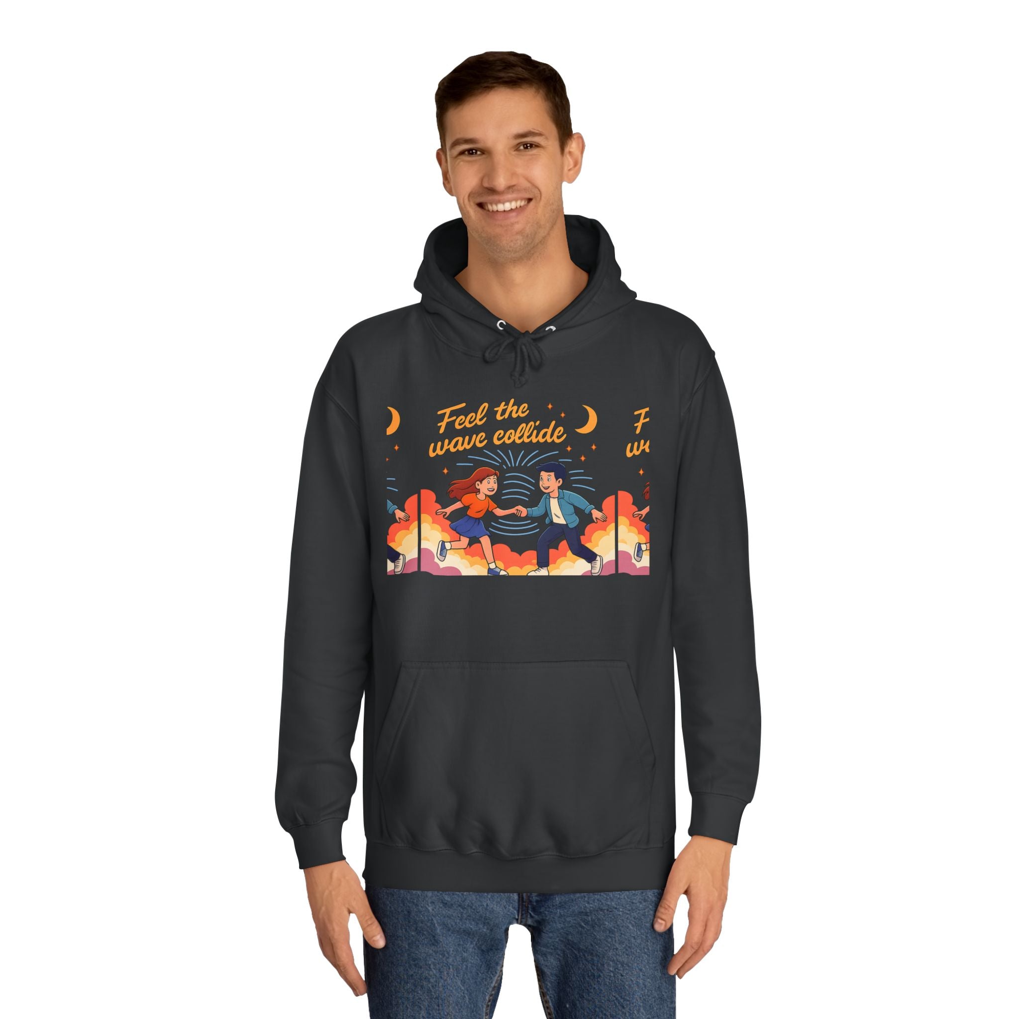 Feel the Wave Collide Hoodie — Retro Sunset Dance Couple Graphic Hoodie