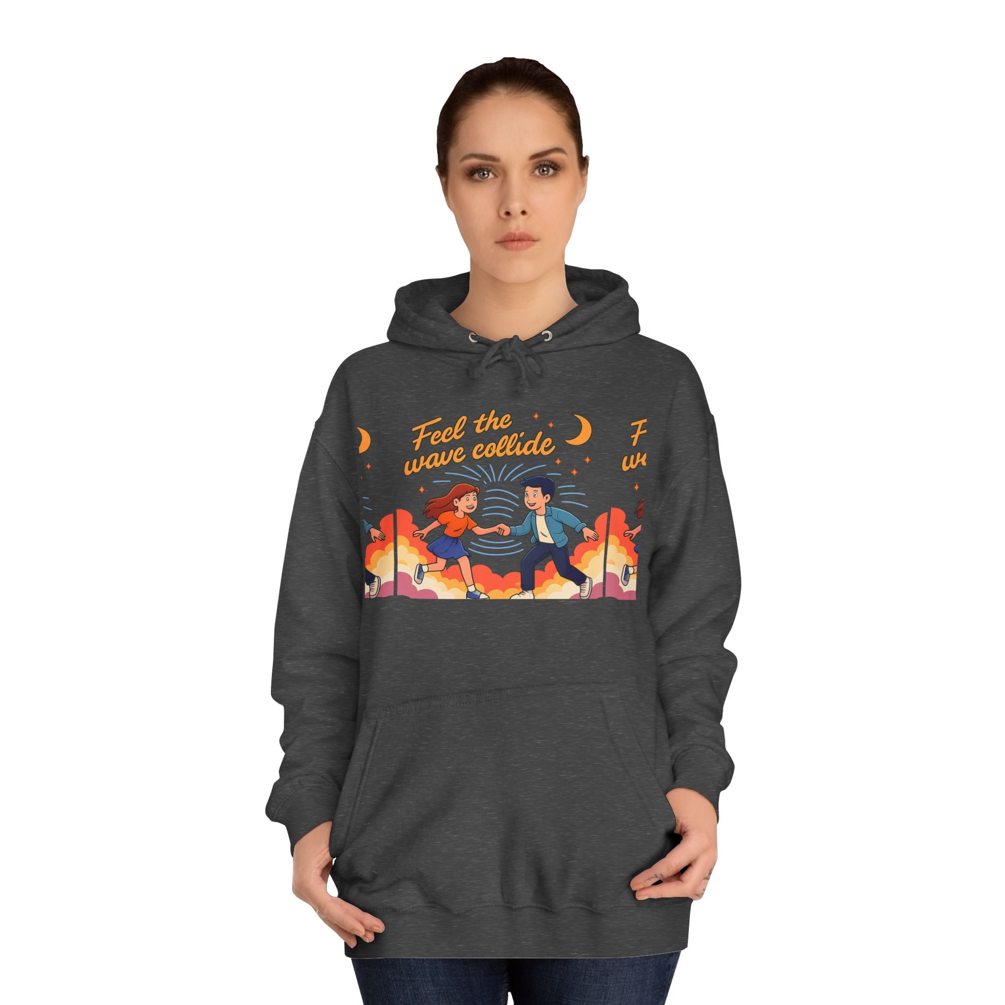 Feel the Wave Collide Hoodie — Retro Sunset Dance Couple Graphic Hoodie