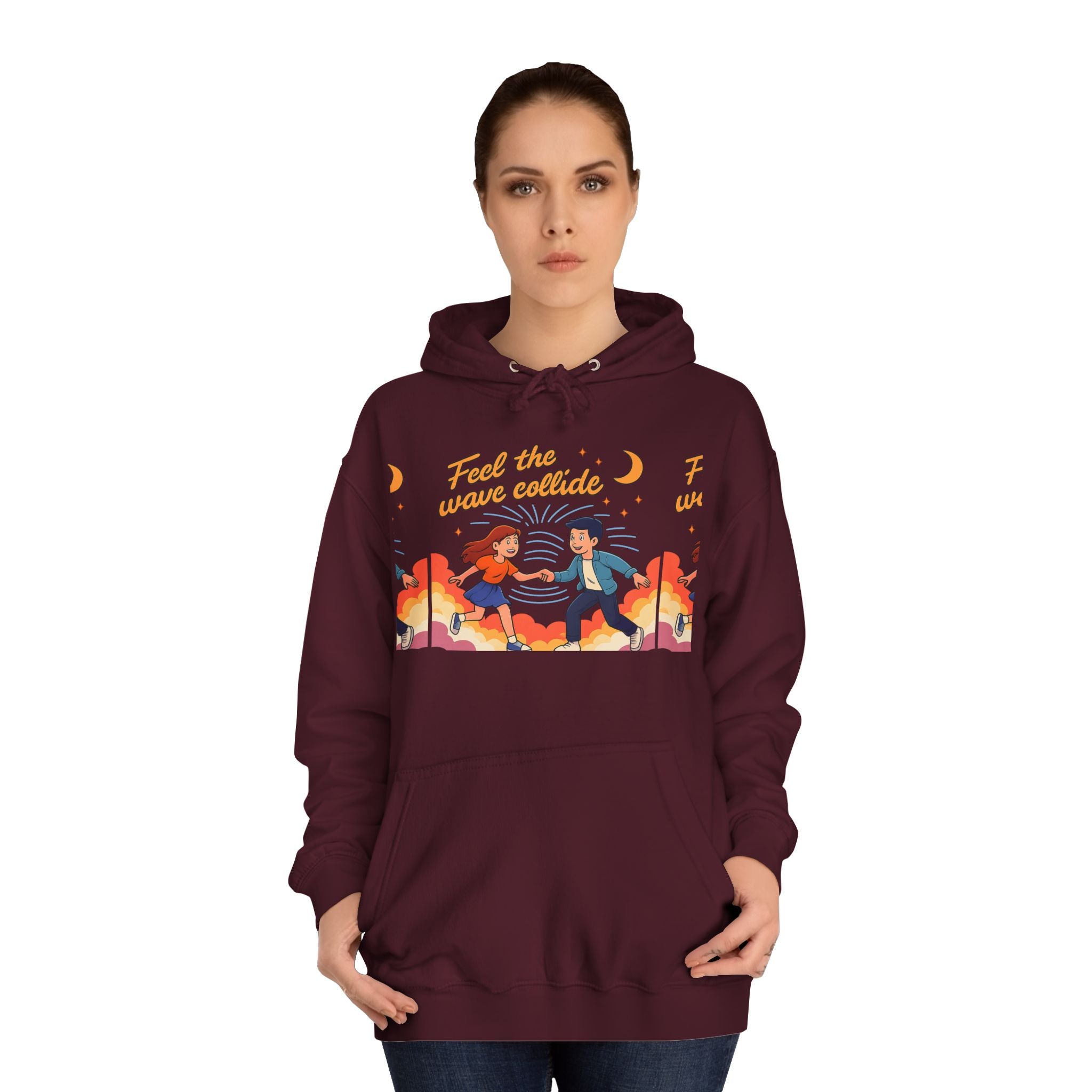 Feel the Wave Collide Hoodie — Retro Sunset Dance Couple Graphic Hoodie