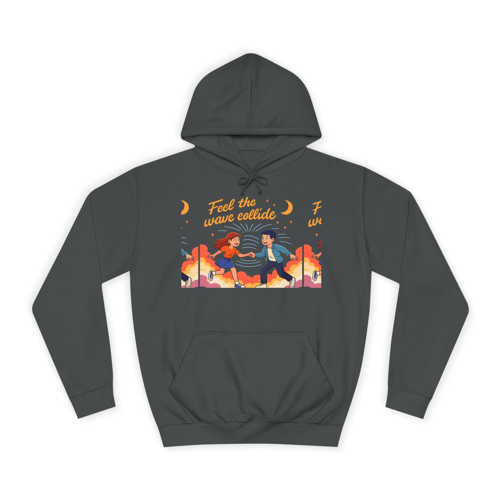Feel the Wave Collide Hoodie — Retro Sunset Dance Couple Graphic Hoodie