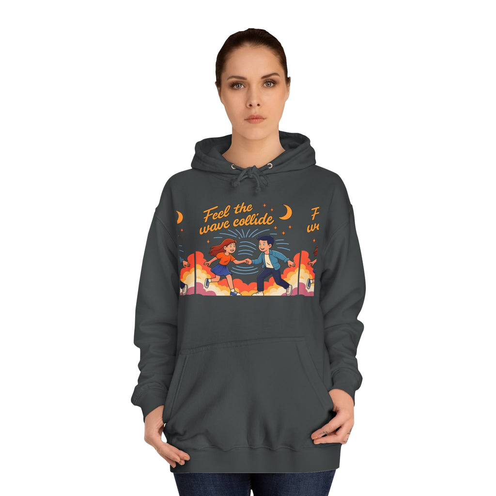 Feel the Wave Collide Hoodie — Retro Sunset Dance Couple Graphic Hoodie