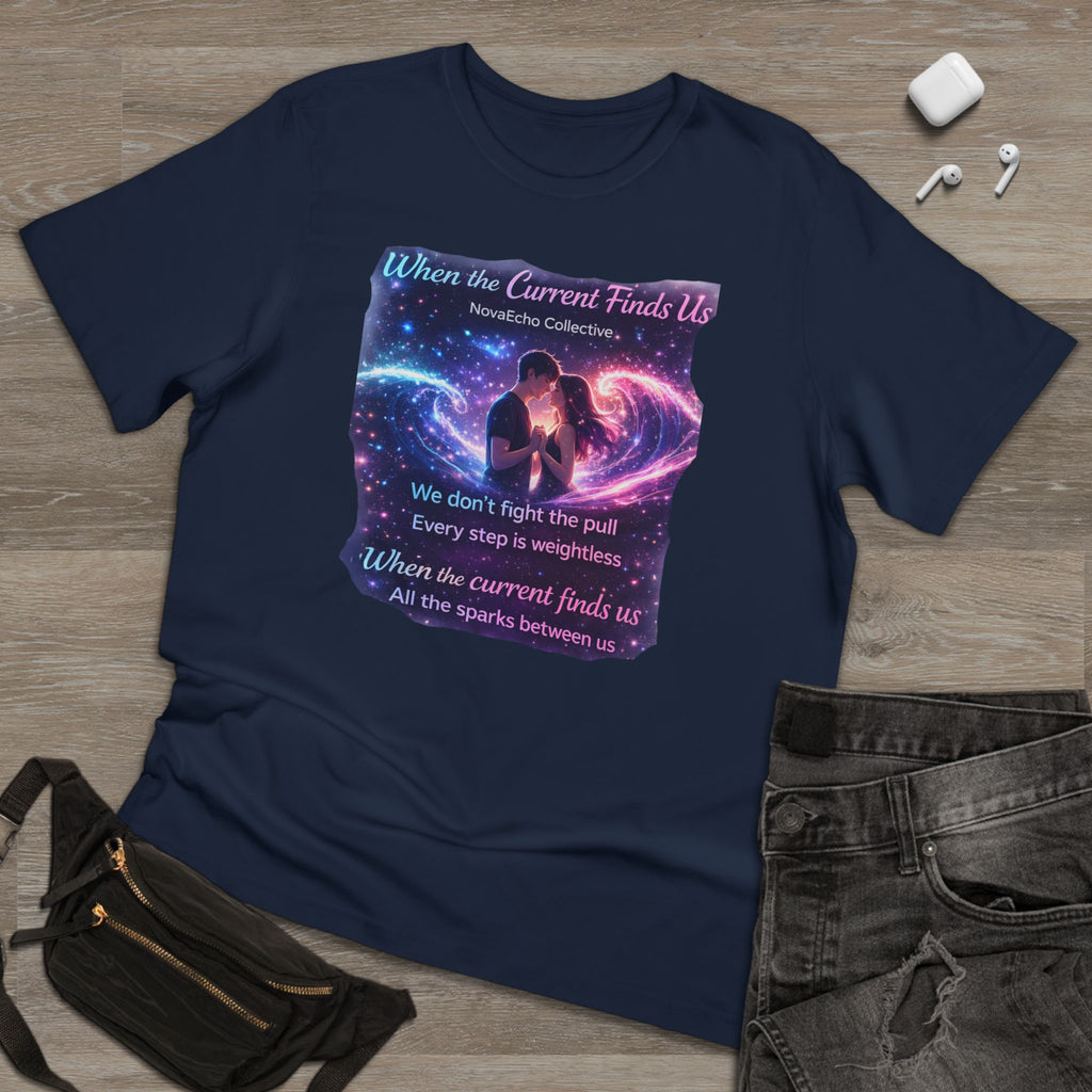 When the Current Finds Us Graphic T‑Shirt — Cosmic Couple, Romantic Quote Tee