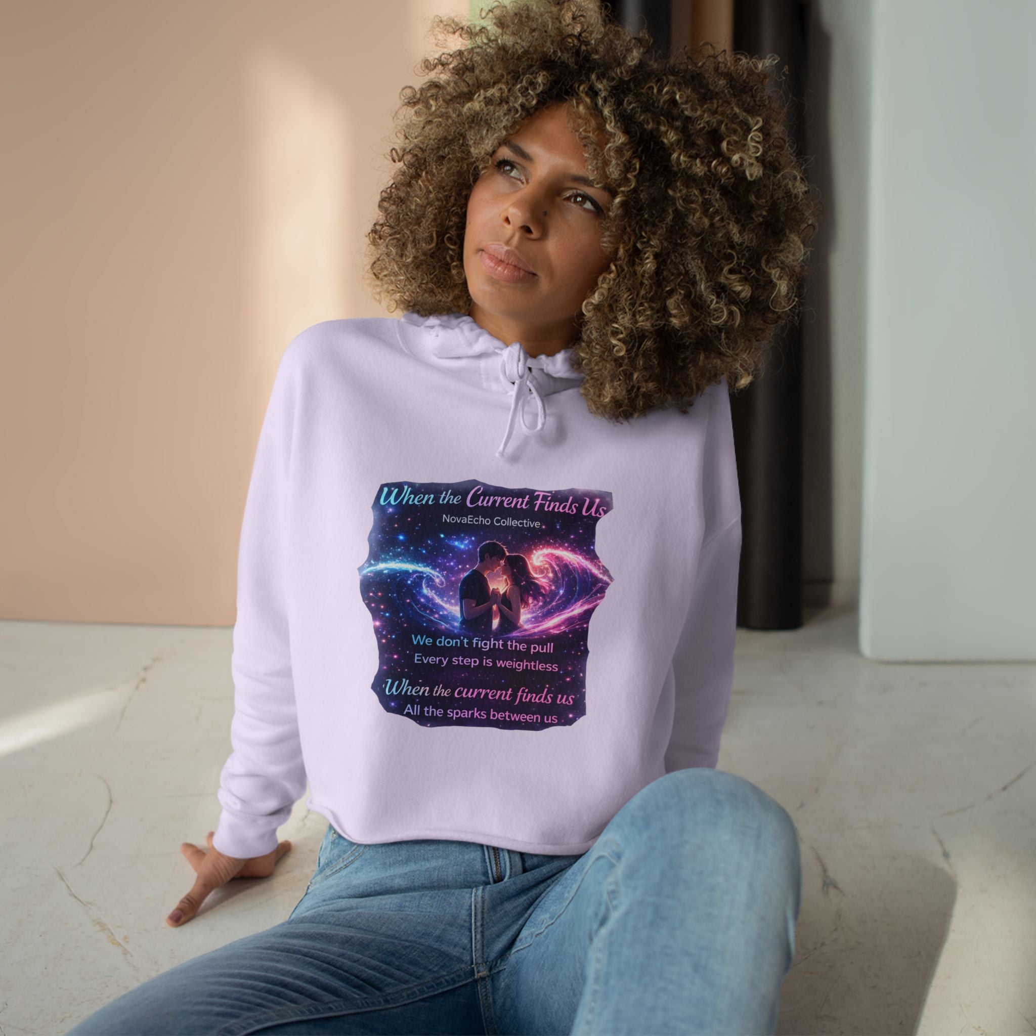 Cosmic Love Crop Hoodie — "When Our Loved Finds Us" Galaxy Graphic
