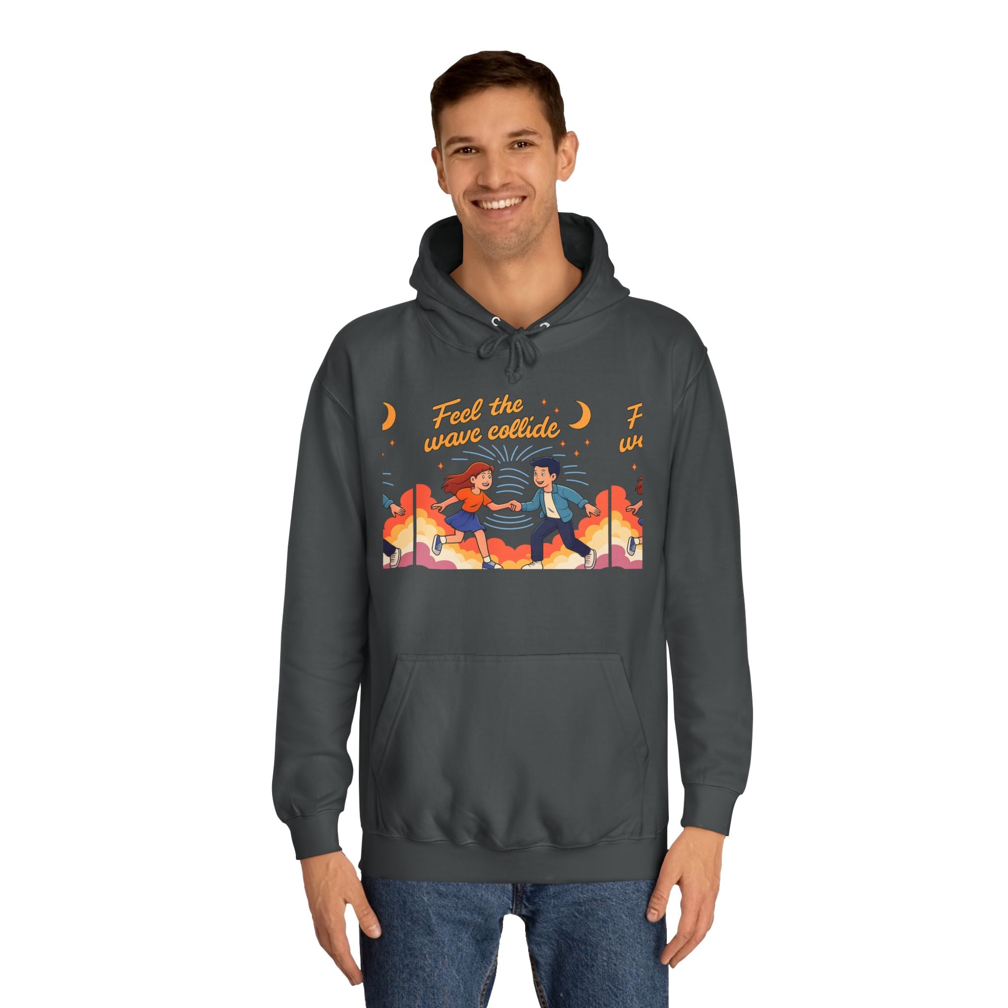 Feel the Wave Collide Hoodie — Retro Sunset Dance Couple Graphic Hoodie