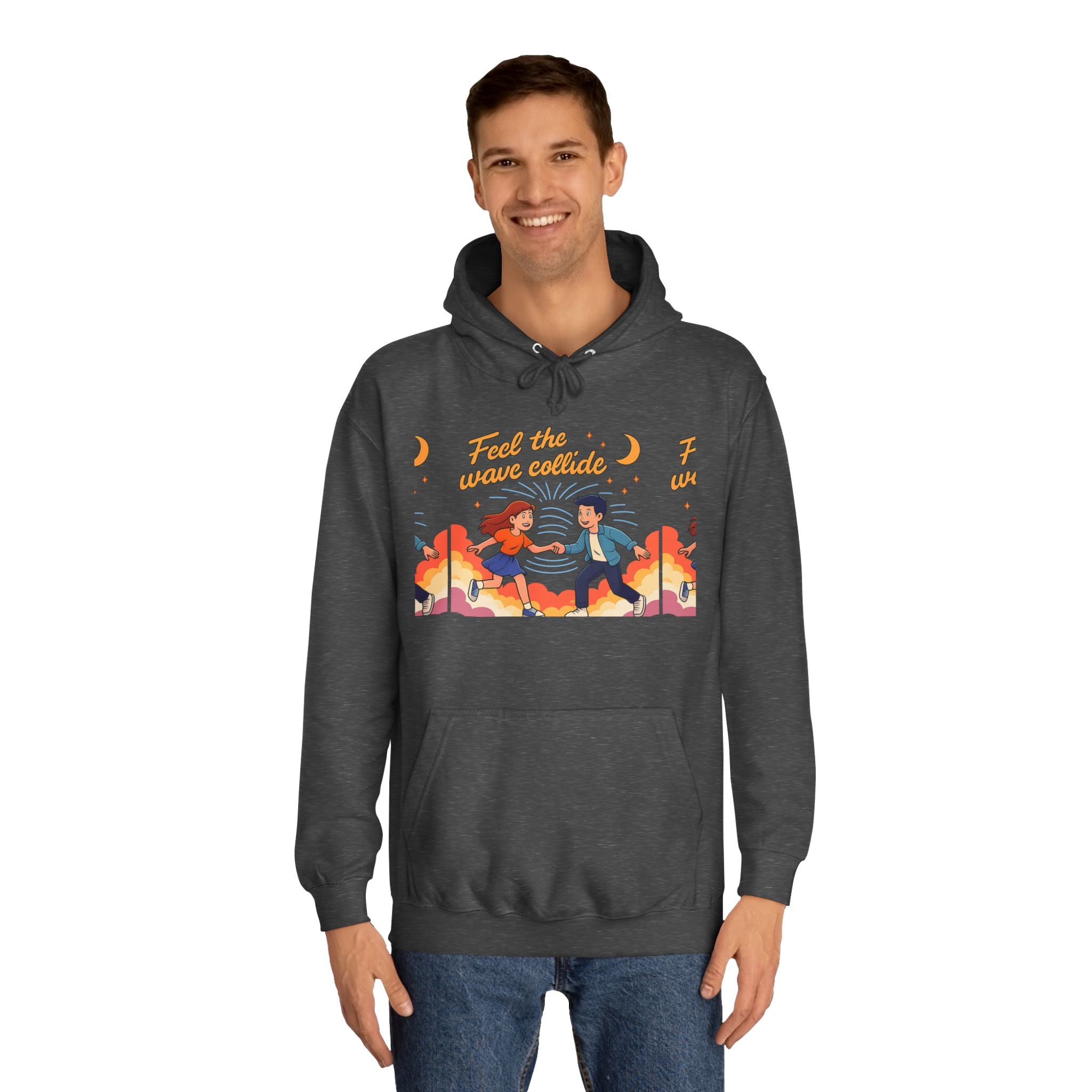 Feel the Wave Collide Hoodie — Retro Sunset Dance Couple Graphic Hoodie