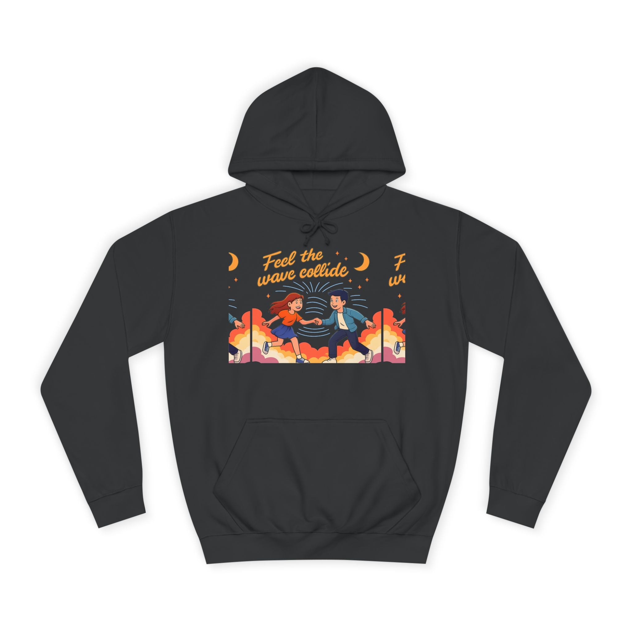 Feel the Wave Collide Hoodie — Retro Sunset Dance Couple Graphic Hoodie