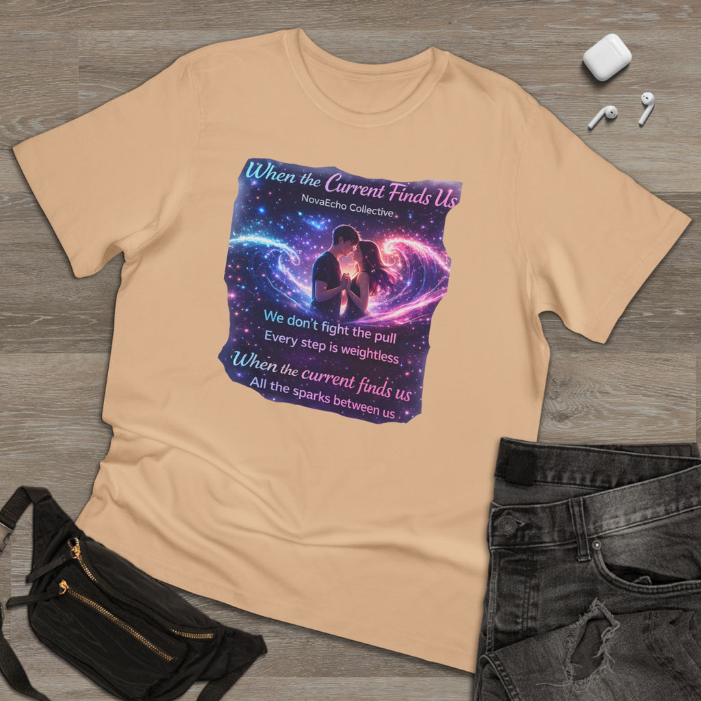 When the Current Finds Us Graphic T‑Shirt — Cosmic Couple, Romantic Quote Tee